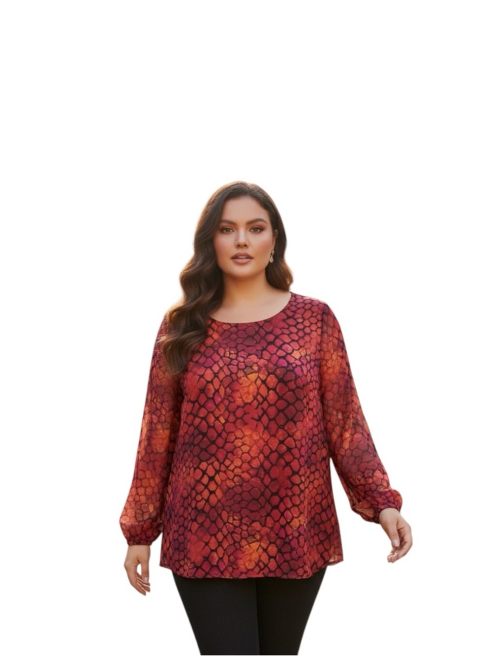 Zac & Rachel Plus Size Plus-Size Red Snake-Print Long Sleeve Blouse 3X